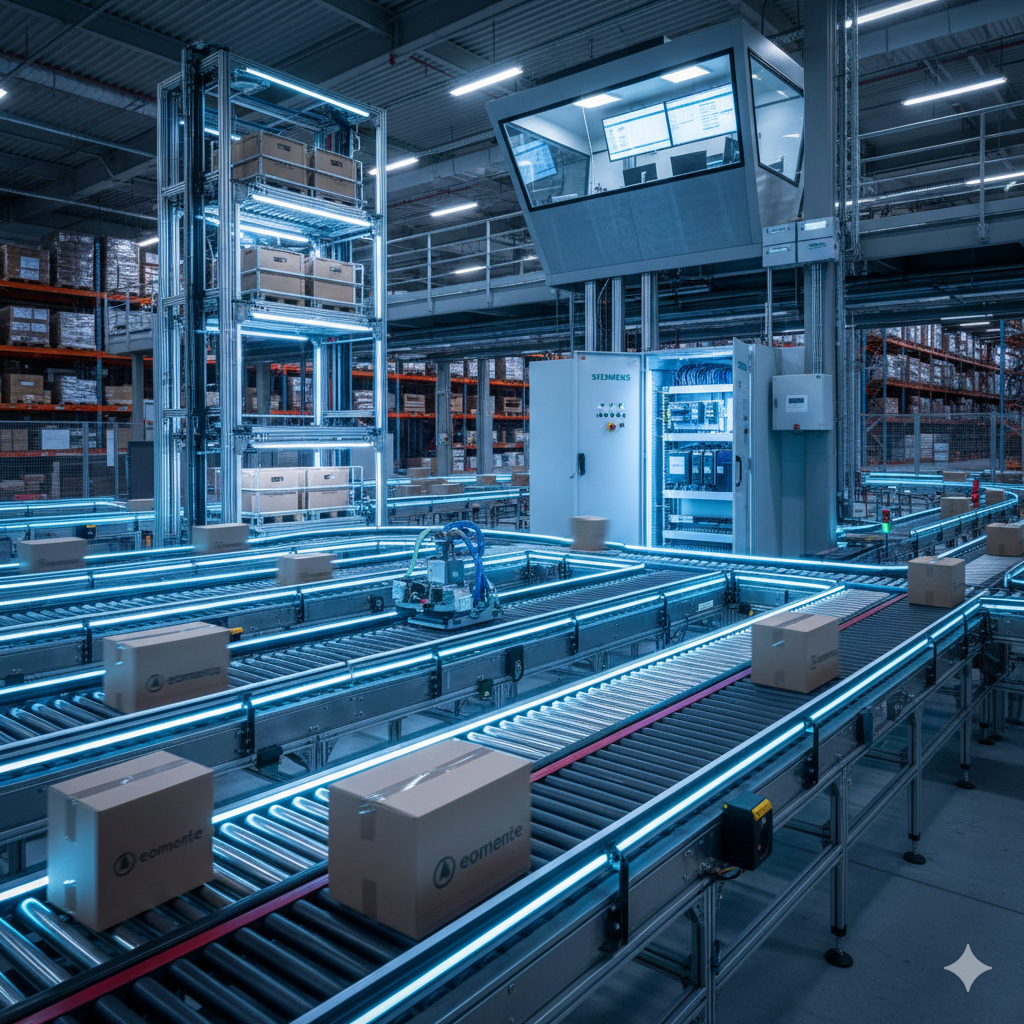 imagine cu automatizare depozit e-commerce cu conveioare cu role si benzi