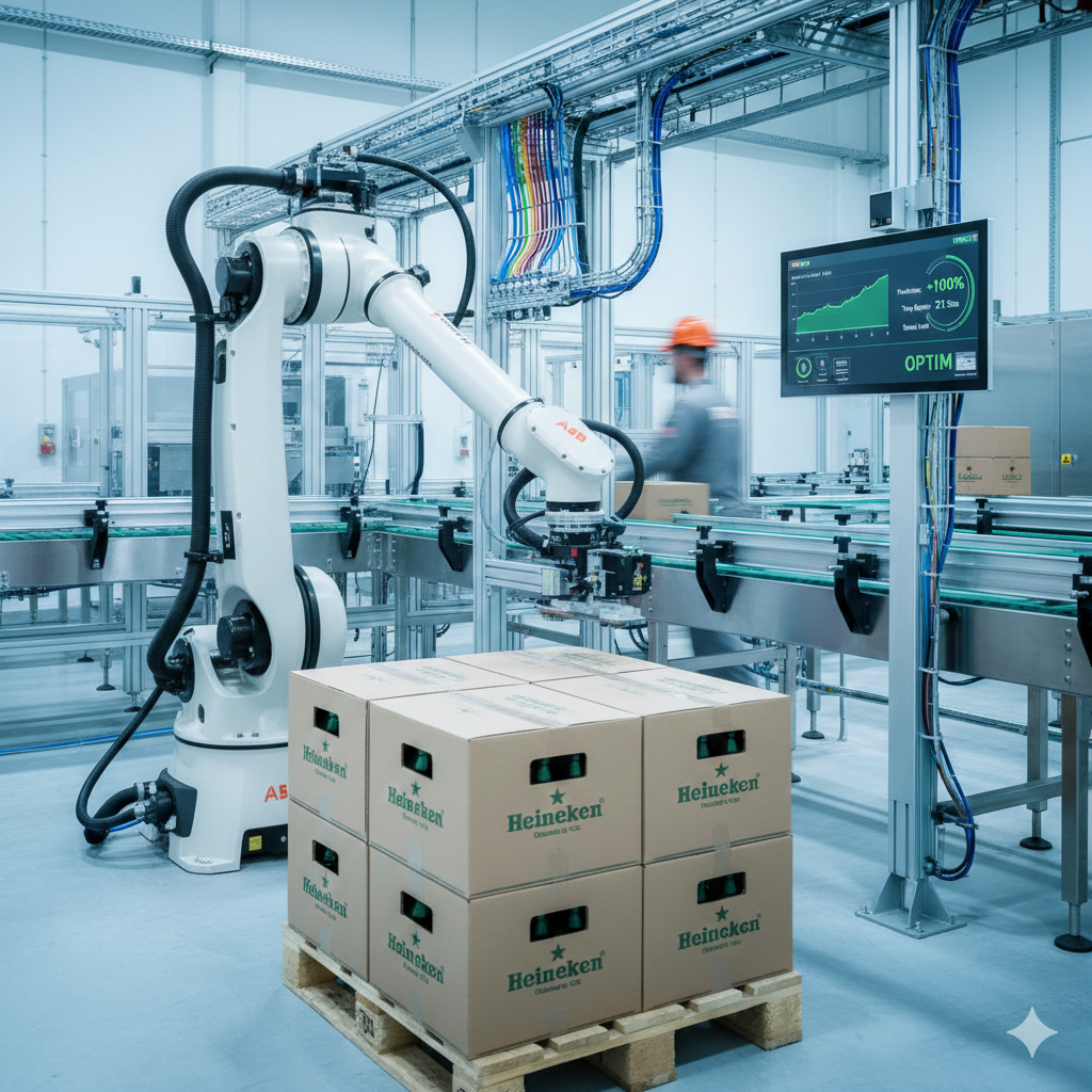 Robot industrial ABB IRB 460 paletizând cutii de bere Heineken pe o linie automatizată optimizată de ZED Automation.