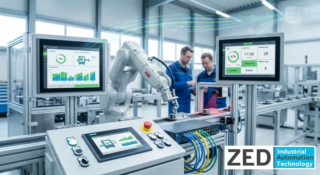 Interfață digitală de monitorizare a unei linii de producție automatizate cu braț robotic ABB, senzori de viziune artificială și panouri HMI care afișează date de producție în timp real.